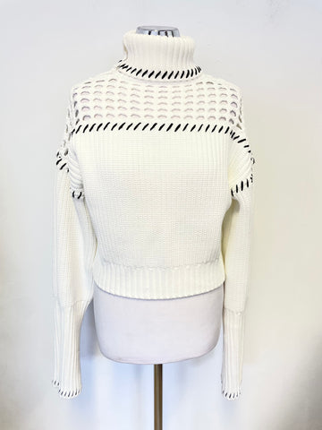 STAUD LILLIAN IVORY & NAVY STITCH TRIM CHUNKY RIB KNIT LONG SLEEVED JUMPER SIZE M