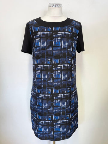 JIGSAW BLACK & BLUE PRINT 100% SILK SHORT SLEEVED SHIFT DRESS SIZE 12