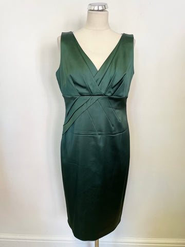 HOBBS HADLEY BOTTLE GREEN SATIN SLEEVELESS SPECIAL OCCASION PENCIL DRESS SIZE 14
