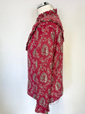 THE KOOPLES RED & CREAM FLORAL PRINT 100% SILK LONG SLEEVED BLOUSE SIZE S
