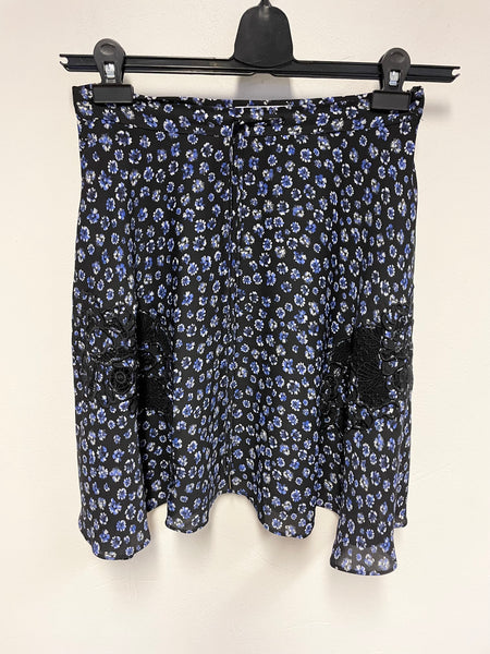 REISS MARCEY BLACK & BLUE FLORAL PRINT LACE TRIM FLARE SKIRT SIZE 10