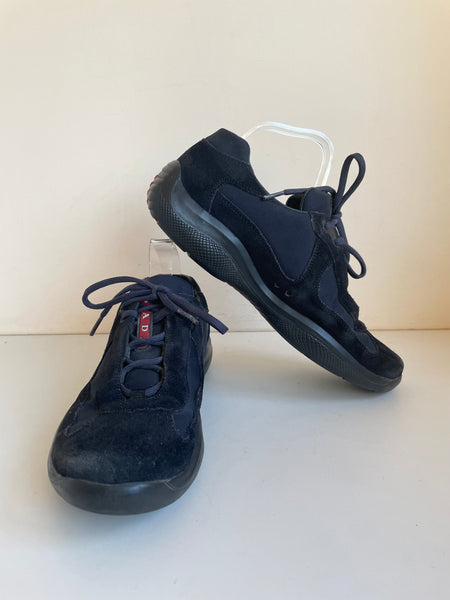 PRADA AMERICAS CUP NAVY BLUE SUEDE & MESH LACE UP TRAINERS SIZE 7/40.5