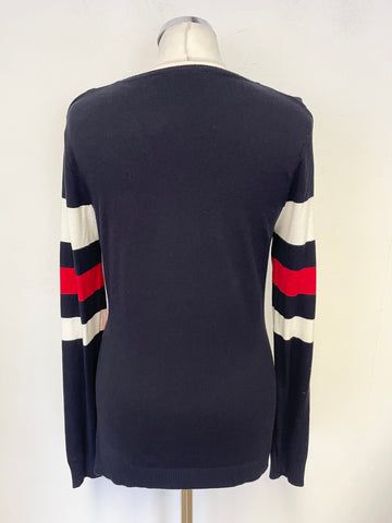 TOMMY HILFIGER NAVY BLUE,RED & OFF WHITE COLOURBLOCK LONG SLEEVED JUMPER SIZE L