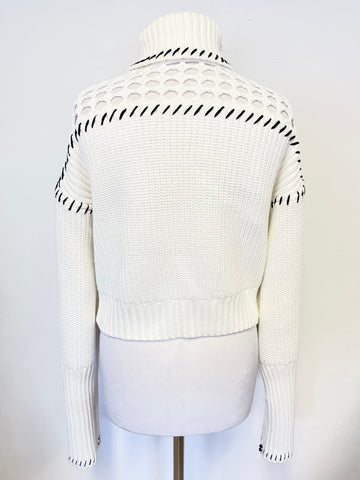 STAUD LILLIAN IVORY & NAVY STITCH TRIM CHUNKY RIB KNIT LONG SLEEVED JUMPER SIZE M