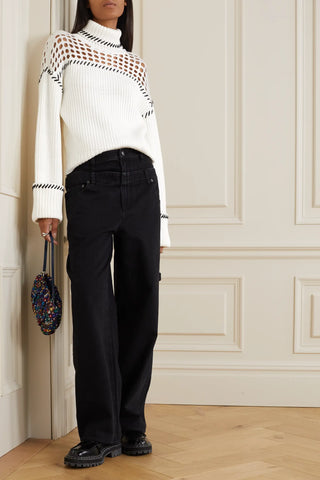 STAUD LILLIAN IVORY & NAVY STITCH TRIM CHUNKY RIB KNIT LONG SLEEVED JUMPER SIZE M