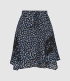 REISS MARCEY BLACK & BLUE FLORAL PRINT LACE TRIM FLARE SKIRT SIZE 10