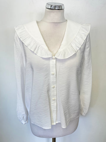 WHISTLES WHITE V NECK FRILL TRIM SAILOR COLLAR 3/4 SLEEVED BLOUSE SIZE 8
