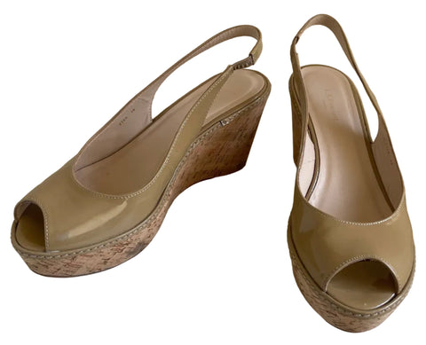 LK BENNETT TAUPE PATENT LEATHER PEEPTOE WEDGE HEELS SIZE 5/38