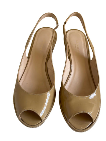 LK BENNETT TAUPE PATENT LEATHER PEEPTOE WEDGE HEELS SIZE 5/38