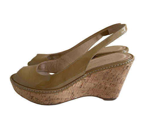 LK BENNETT TAUPE PATENT LEATHER PEEPTOE WEDGE HEELS SIZE 5/38