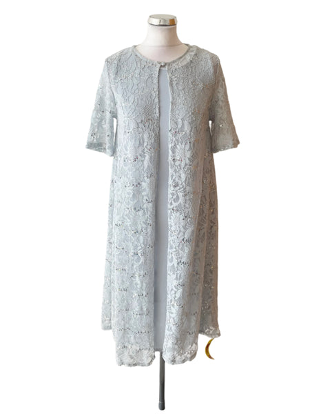 BRAND NEW NIGHTINGALES PALE BLUE SLEEVELESS PENCIL DRESS & LACE SEQUINNED DUSTER COAT SIZE 10