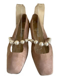 JIMMY CHOO ADE BEIGE SUEDE AND PEARL TRIM STRAP BALLERINA FLATS SIZE 5/38