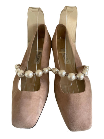 JIMMY CHOO ADE BEIGE SUEDE AND PEARL TRIM STRAP BALLERINA FLATS SIZE 5/38