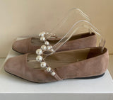 JIMMY CHOO ADE BEIGE SUEDE AND PEARL TRIM STRAP BALLERINA FLATS SIZE 5/38
