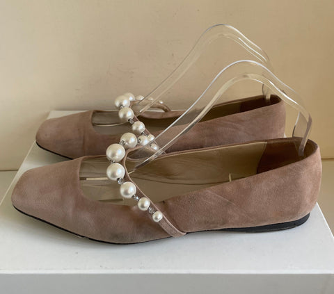 JIMMY CHOO ADE BEIGE SUEDE AND PEARL TRIM STRAP BALLERINA FLATS SIZE 5/38