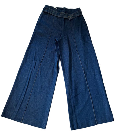 REISS LIANNA BLUE DENIM BELTED WIDE LEG JEANS SIZE 6/8 LONG
