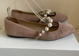 JIMMY CHOO ADE BEIGE SUEDE AND PEARL TRIM STRAP BALLERINA FLATS SIZE 5/38