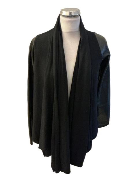 ZARA BLACK FAUX LEATHER SLEEVED WATERFALL FRONT CARDIGAN/JACKET SIZE S