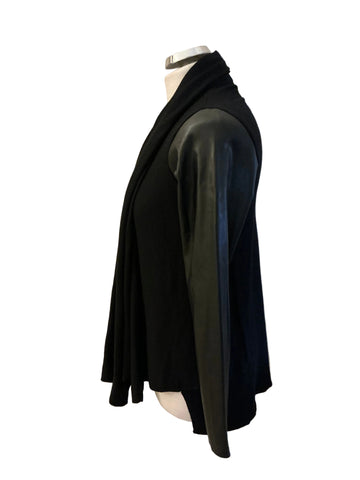 ZARA BLACK FAUX LEATHER SLEEVED WATERFALL FRONT CARDIGAN/JACKET SIZE S