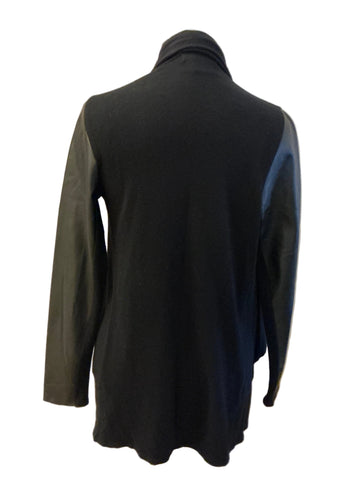 ZARA BLACK FAUX LEATHER SLEEVED WATERFALL FRONT CARDIGAN/JACKET SIZE S