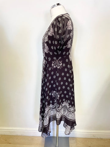 MINT VELVET BLACK PRINT HANDKERCHIEF HEMLINE MIDI DRESS SIZE 14