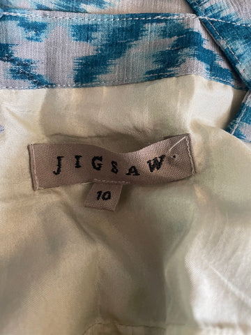 JIGSAW TURQUOISE BLUE & IVORY PRINT 100% SILK FINE STRAP MAXI DRESS SIZE 10