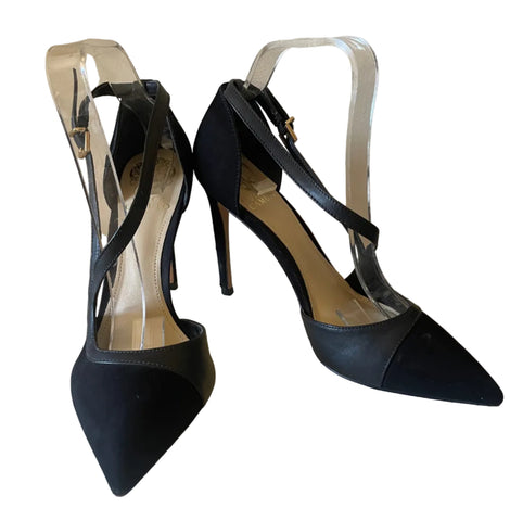 ITALIAN VINCE CAMUTO BLACK LEATHER & SUEDE STRAP ACROSS HEELS SIZE 6/39