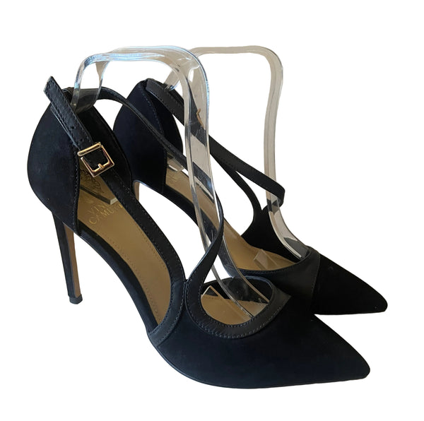 ITALIAN VINCE CAMUTO BLACK LEATHER & SUEDE STRAP ACROSS HEELS SIZE 6/39