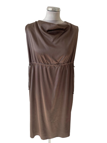 MARCCAIN SILK BROWN SLEEVELESS DRAW WAIST SHIFT DRESS SIZE 2 UK 12