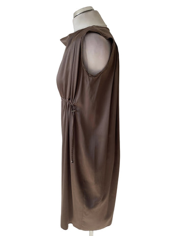 MARCCAIN SILK BROWN SLEEVELESS DRAW WAIST SHIFT DRESS SIZE 2 UK 12
