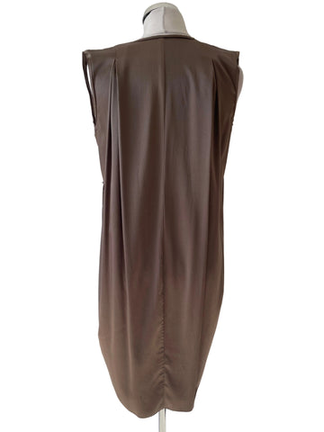 MARCCAIN SILK BROWN SLEEVELESS DRAW WAIST SHIFT DRESS SIZE 2 UK 12