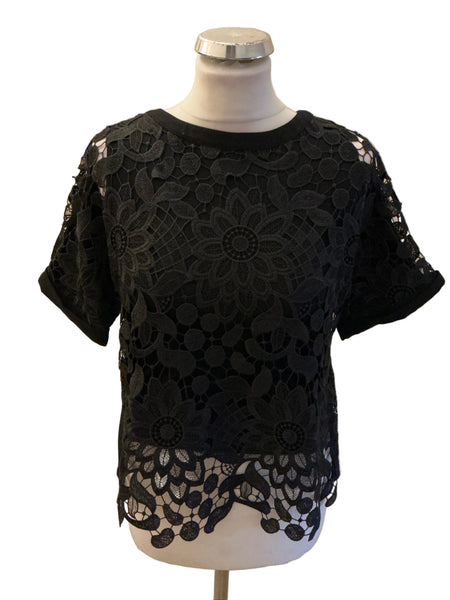 PHASE EIGHT BLACK LACE FRONT SHORT SLEEVE TOP SIZE 8
