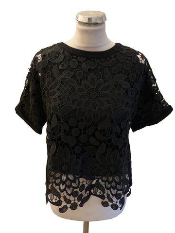 PHASE EIGHT BLACK LACE FRONT SHORT SLEEVE TOP SIZE 8