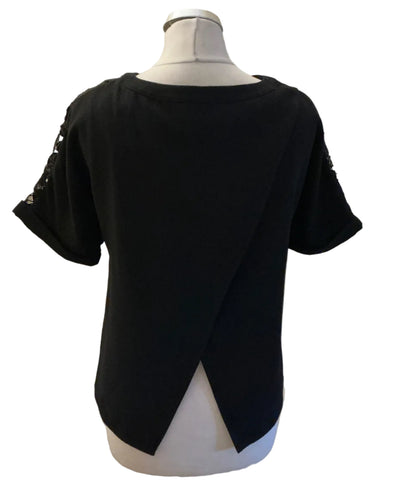 PHASE EIGHT BLACK LACE FRONT SHORT SLEEVE TOP SIZE 8