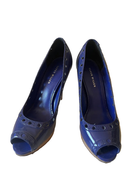 KAREN MILLEN BLUE PATENT LEATHER PEEPTOE HEELS SIZE 6/39