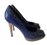 KAREN MILLEN BLUE PATENT LEATHER PEEPTOE HEELS SIZE 6/39