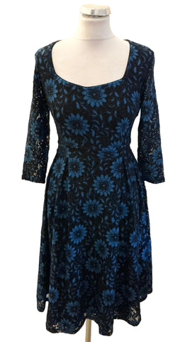 LINDY BOP BLUE & BLACK FLORAL LACE FIT & FLARE DRESS SIZE 8