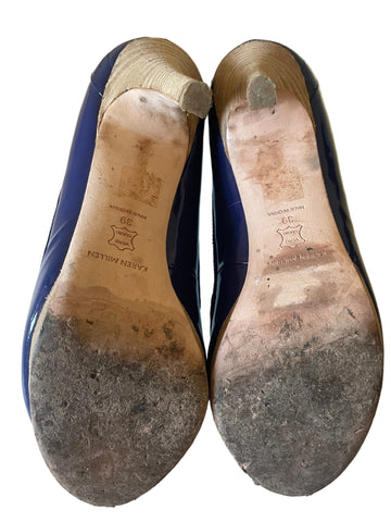 KAREN MILLEN BLUE PATENT LEATHER PEEPTOE HEELS SIZE 6/39