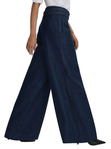 REISS LIANNA BLUE DENIM BELTED WIDE LEG JEANS SIZE 6/8 LONG