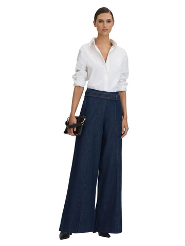 REISS LIANNA BLUE DENIM BELTED WIDE LEG JEANS SIZE 6/8 LONG