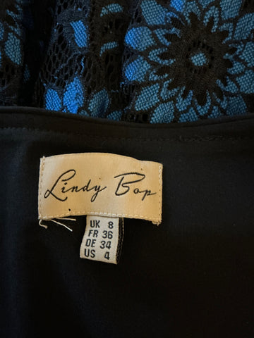 LINDY BOP BLUE & BLACK FLORAL LACE FIT & FLARE DRESS SIZE 8