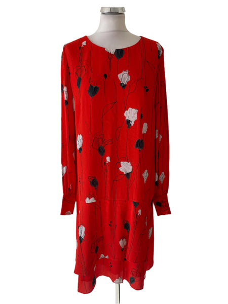 HUGO BOSS RED FLORAL PRINT LONG SLEEVED OCCASION DRESS SIZE 14