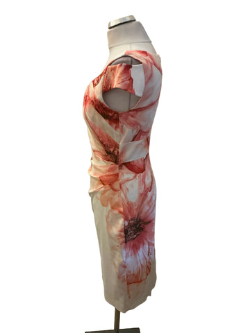 KAREN MILLEN IVORY & PINK FLORAL PRINT PENCIL DRESS  SIZE 12