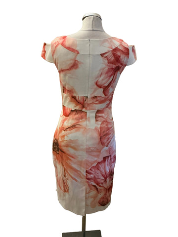 KAREN MILLEN IVORY & PINK FLORAL PRINT PENCIL DRESS  SIZE 12