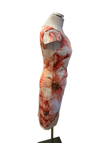 KAREN MILLEN IVORY & PINK FLORAL PRINT PENCIL DRESS  SIZE 12