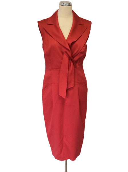 ESCADA RED COTTON COLLARED V NECK SLEEVELESS SHIFT DRESS SIZE 14