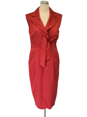 ESCADA RED COTTON COLLARED V NECK SLEEVELESS SHIFT DRESS SIZE 14