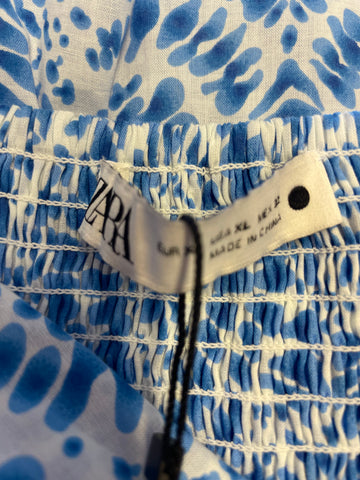 BRAND NEW ZARA 100% COTTON BLUE & WHITE PRINT SHOE STRING STRAP MAXI DRESS SIZE XL