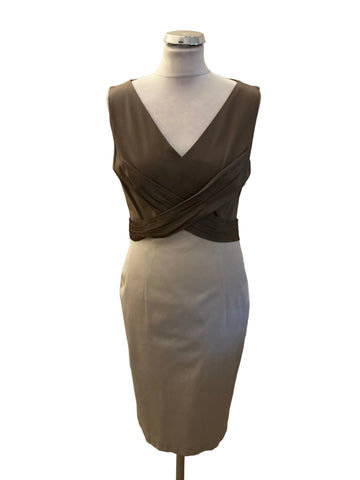 PHASE EIGHT COFFEE & CREAM DRAPED V NECK PENCIL DRESS SIZE 12