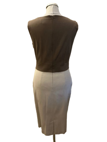 PHASE EIGHT COFFEE & CREAM DRAPED V NECK PENCIL DRESS SIZE 12